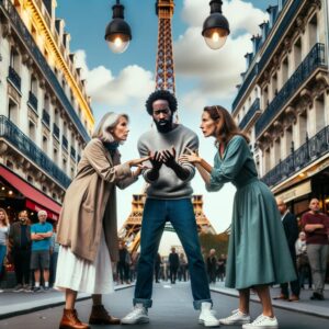 DALL·E 2023-10-23 18.47.26 - Photo of a 35-year-old Afro-Caribbean man and two distinct European women aged 20-40, engaging in a theatrical improvisation scene on a Parisian stree