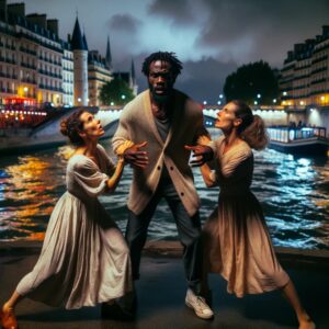 DALL·E 2023-10-23 18.49.12 - Photo showcasing a dynamic theatrical performance by a 35-year-old Afro-Caribbean man and two European women aged 20-40 on the banks of the Seine Rive