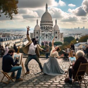 DALL·E 2023-10-23 19.04.27 - Photo from 2015 showcasing a 35-year-old Afro-Caribbean man and two European women aged 20-40 performing a spontaneous theatrical scene at Montmartre,