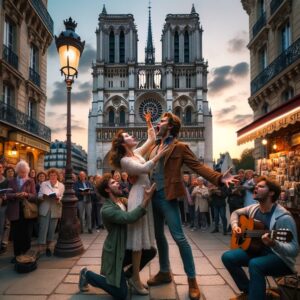 DALL·E 2023-10-23 22.05.30 - Photo from 2015 showcasing a 25-year-old woman and two European men aged 20-40 passionately involved in a theatrical act near the historic Sainte-Chap